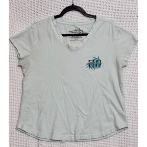 Reel Life V-Neck T-Shirt‎ Womens Large Teal Green Tropical Palm Graphic Tee